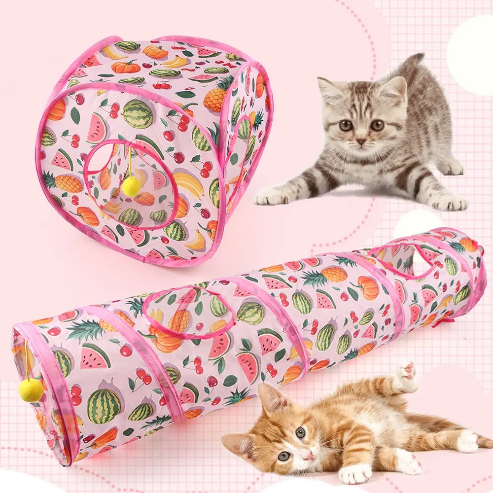 Universal Printed Cat Play Tunnel Long Straight Channel Foldable Cat Tent Nest Square Channel with Furry Ball Cat Channel Interactive Fun Toy