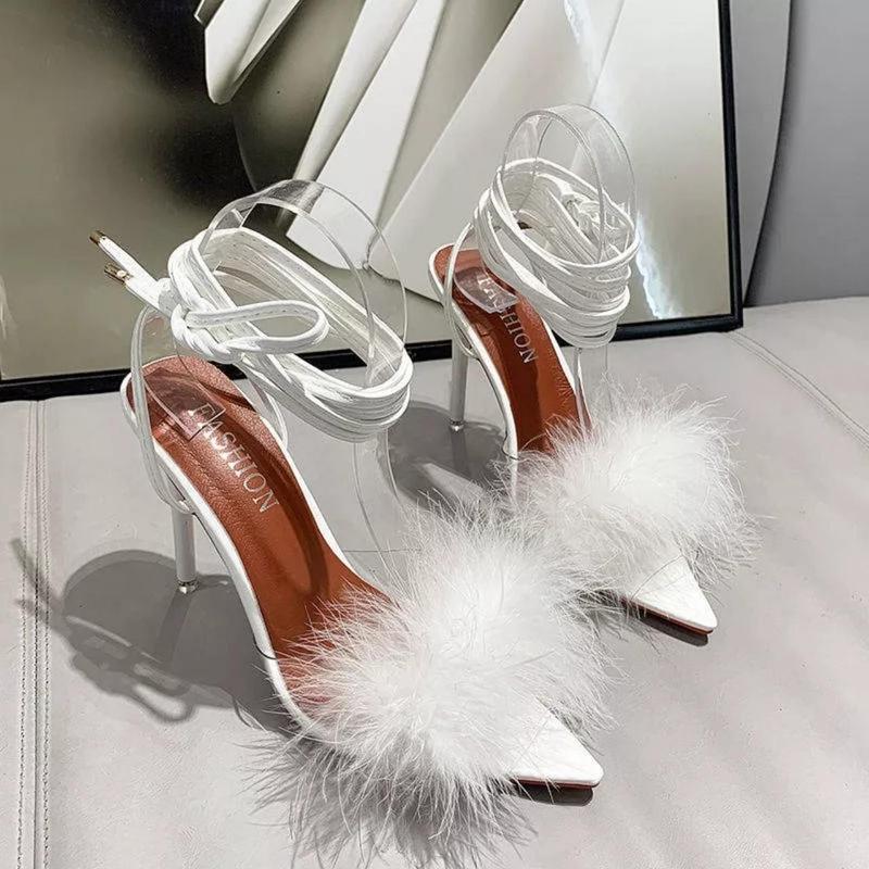 Giày Cao Gót Nữ 10 Phân Gót Nhọn Mũi Nhọn,Sandal Cột Dây Chiến Binh Lông Vũ,Guốc Dây Buộc Cao Cấp Dễ Thương Màu Trắng Đen Size 34-40 Giày Nữ DéP Shoes Kim Tuyến Nhung giay ditiec giày cao gót dép quấn cổ chân