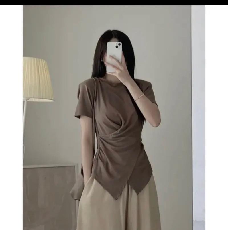 Product Introduction of Áo thun kiểu nữ bigsize 50-90kg áo thun gân tăm xoắn eo, cổ tròn , áo cộc tay vạt chéo Cổ tròn 6