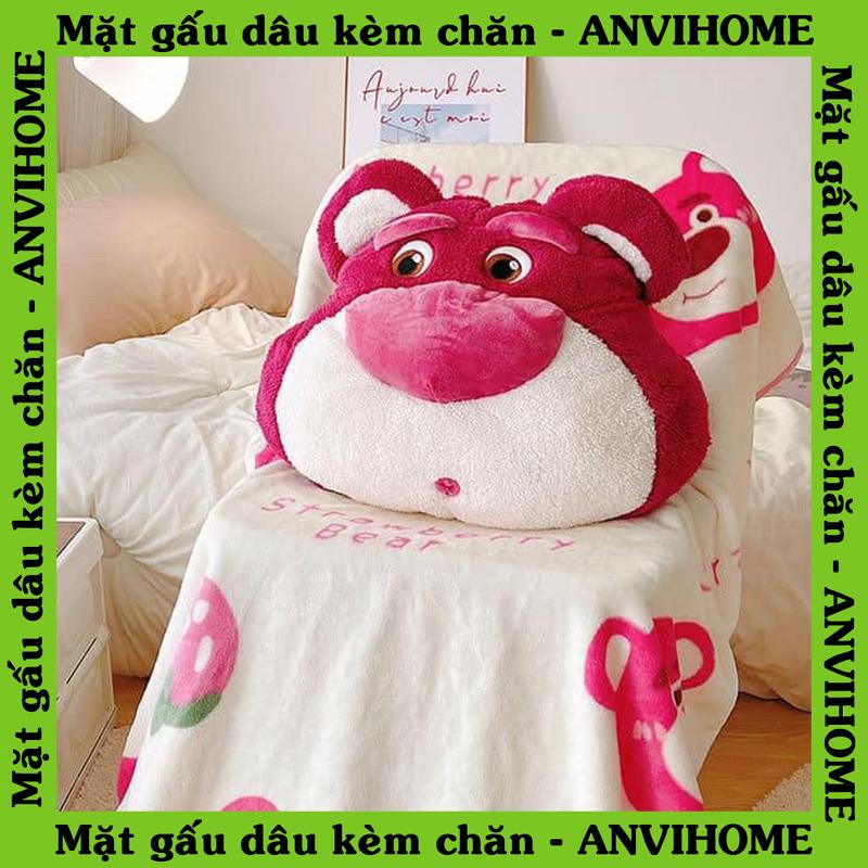 ANVIHOME Bộ chăn gối gấu dâu Lotso Biểu cảm ngạc nhiên Vải Mềm Chống nhăn in hình gấu lotso Kích thước 1m x 1m6 Gấu bông ủ tay kèm chăn Siêu mềm mịn