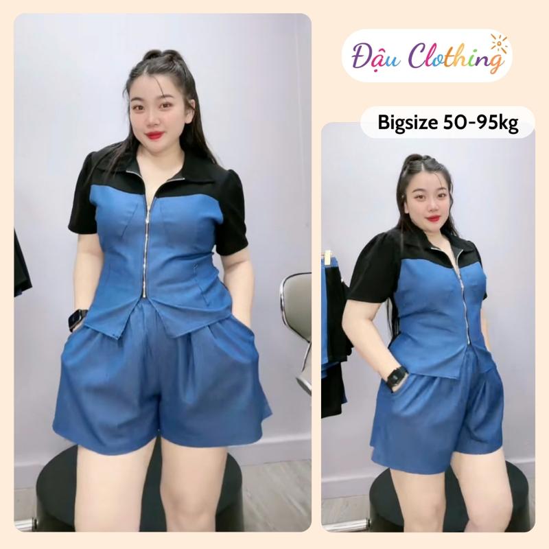 Set Jean Bigsize Nữ Áo Cổ Bẻ Kèm Quần Đùi Ống Rộng Vải Jean Giấy Phối Thun Ruby SET839