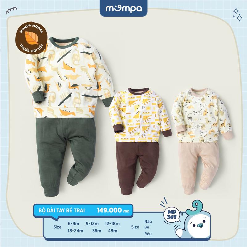 Bộ quần áo dài tay cho bé Mompa từ 6 đến 48 tháng vải Modal thấm hút co giãn cài vai thoáng khí MP 367 [M24]