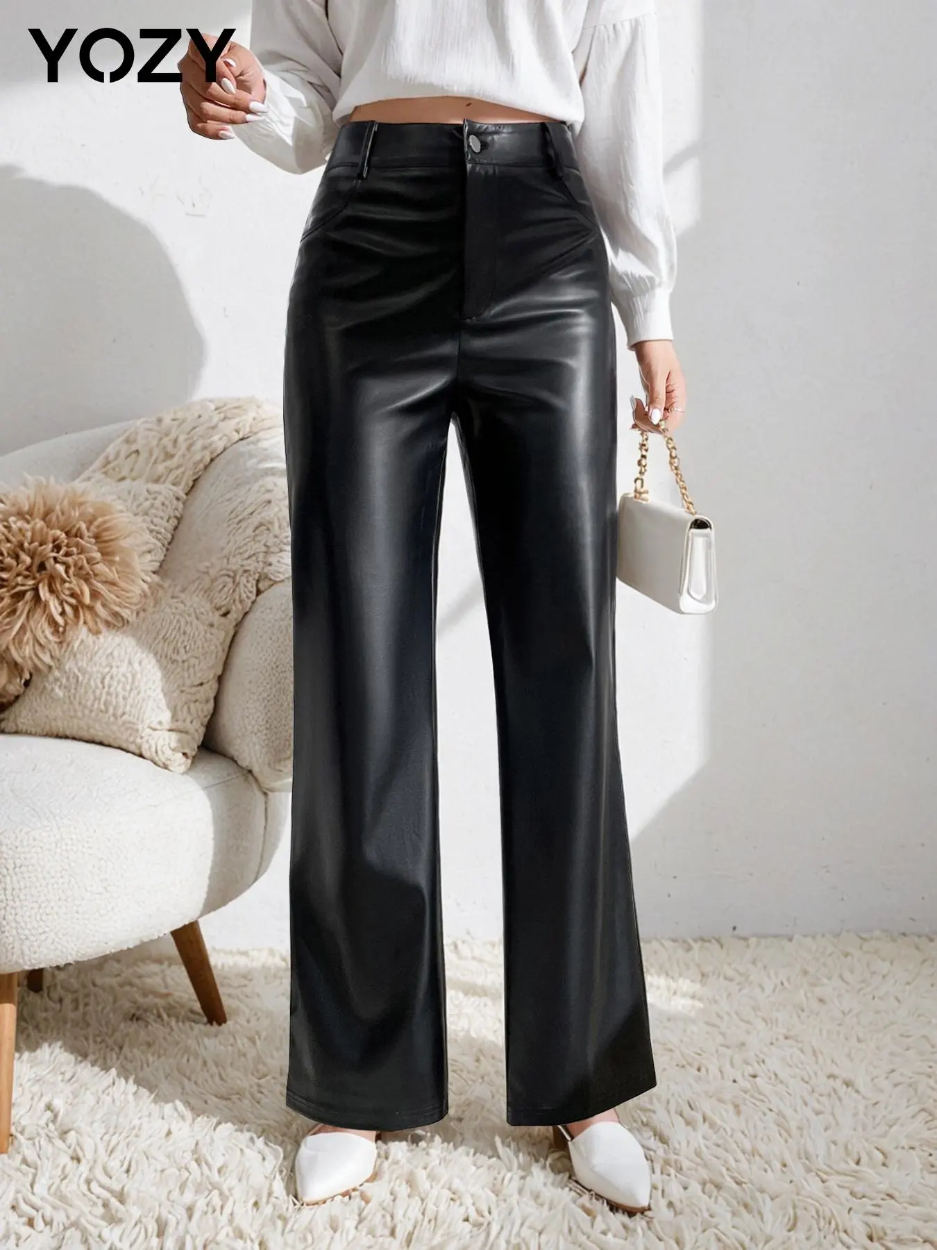 YOZY Women's Solid High Waist Straight Leg PU Leather Pants, Fashion Casual Button Fly Pocket Trousers for Daily Outdoor Wear
