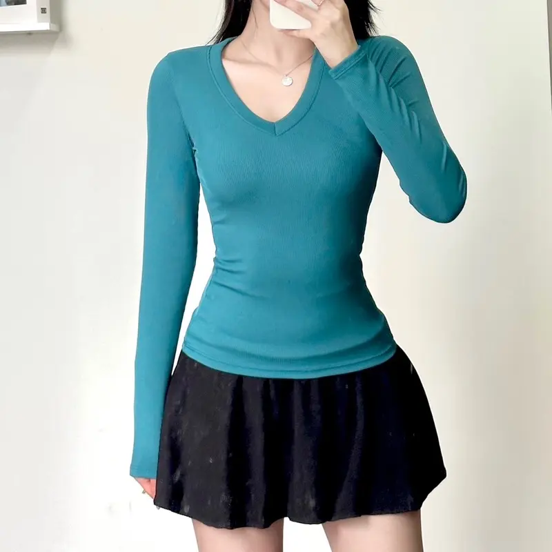Áo cổ tim tay dài thun tăm mịn mát body nữ 4