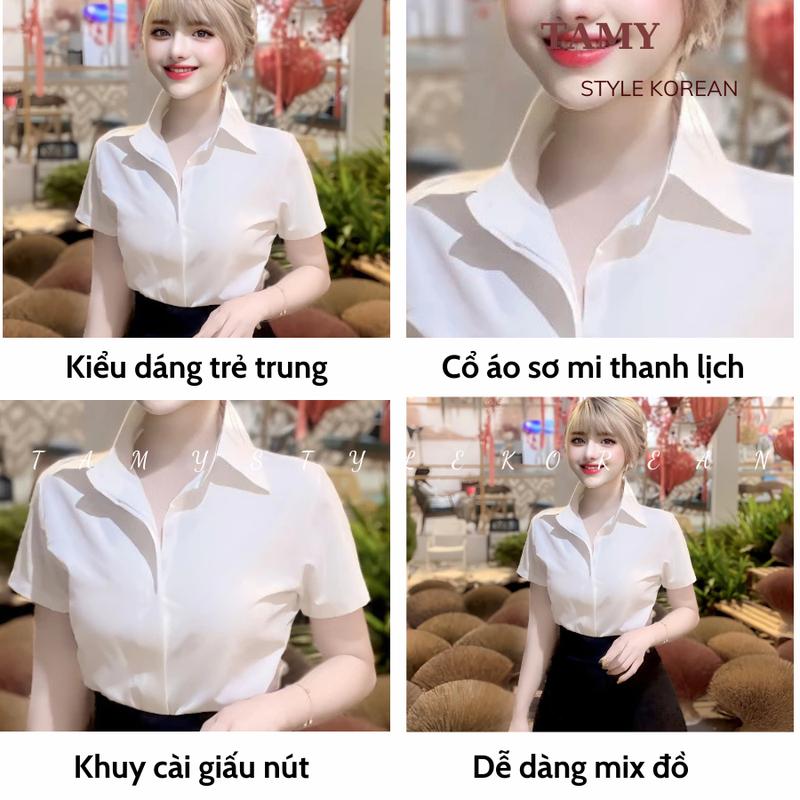Áo sơ mi nữ trơn tay ngắn không nhăn nẹp đôi giấu nút form rộng - áo sơ mi nữ công sở chất lụa kate trẻ trung, năng động. 6