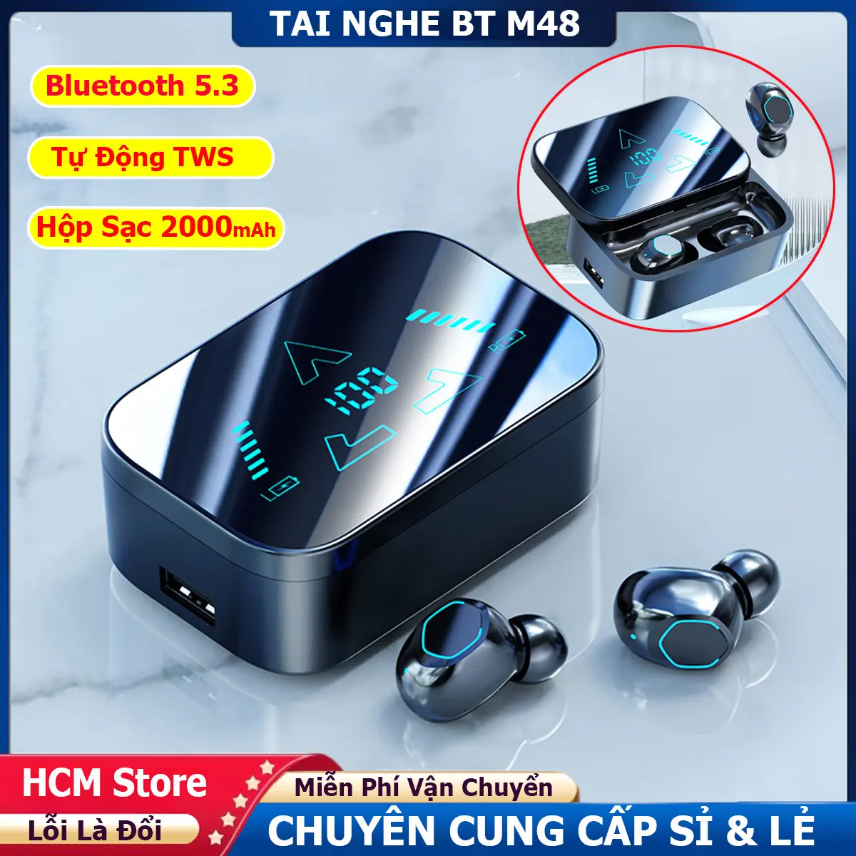 [Bản Pro] Tai Nghe Bluetooth 5.4 M48-Pro Thế Hệ Mới Kháng Nước Giảm Tiếng Ồn Có Micro Đàm Thoại Chơi Game Độ Trể Thấp, Hộp Sạc 2000MAh Có Thể Sạc Cho Điện Thoại - Phiên Bản Nâng Cấp