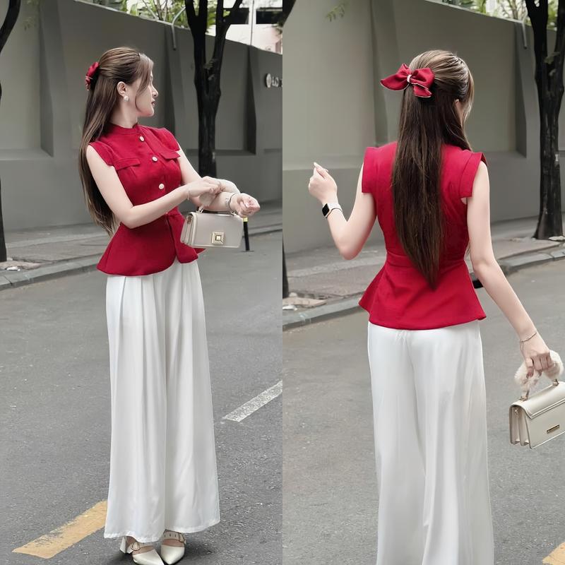 Set đồ nữ áo cài nút thật chất vải lennin kèm quần dài ống rộng Có Lót sang chảnh xinh xắn dành cho các nàng đi chơi. Top Women