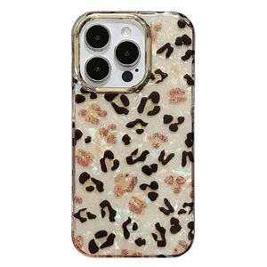 Luxury leopard print glitter Phone case for iphone 11 12 13 13pro 14 15 pro max plus case plating bling protective casing camera lens protection back cover