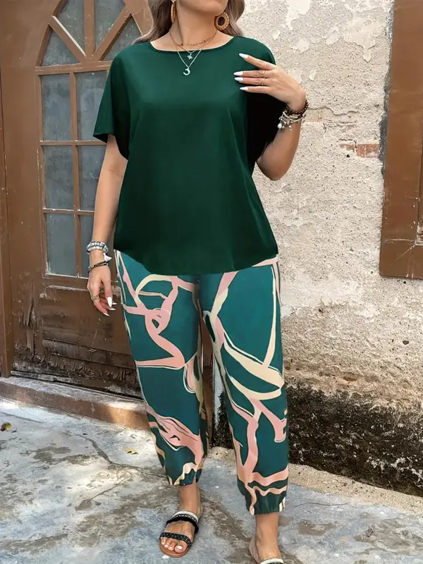 【Plus Size】 Two Counts Batwing Sleeve Blouse & Colorblock Pants Set, Casual Round Neck Top & Trousers 2 Piece Set for Summer, 2 Piece Sets Women, Co Ords for Women for Daily Wear 8