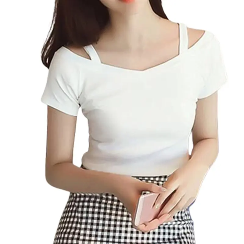Áo Thun Nữ, Trễ Vai Và Dây Đeo, ngắn Tay, Màu Trơn Dáng Ôm, Áo Chui Đầu, Thích Hợp Cho Mùa Hè, Phong Cách Thời Trang Đường Phố 4