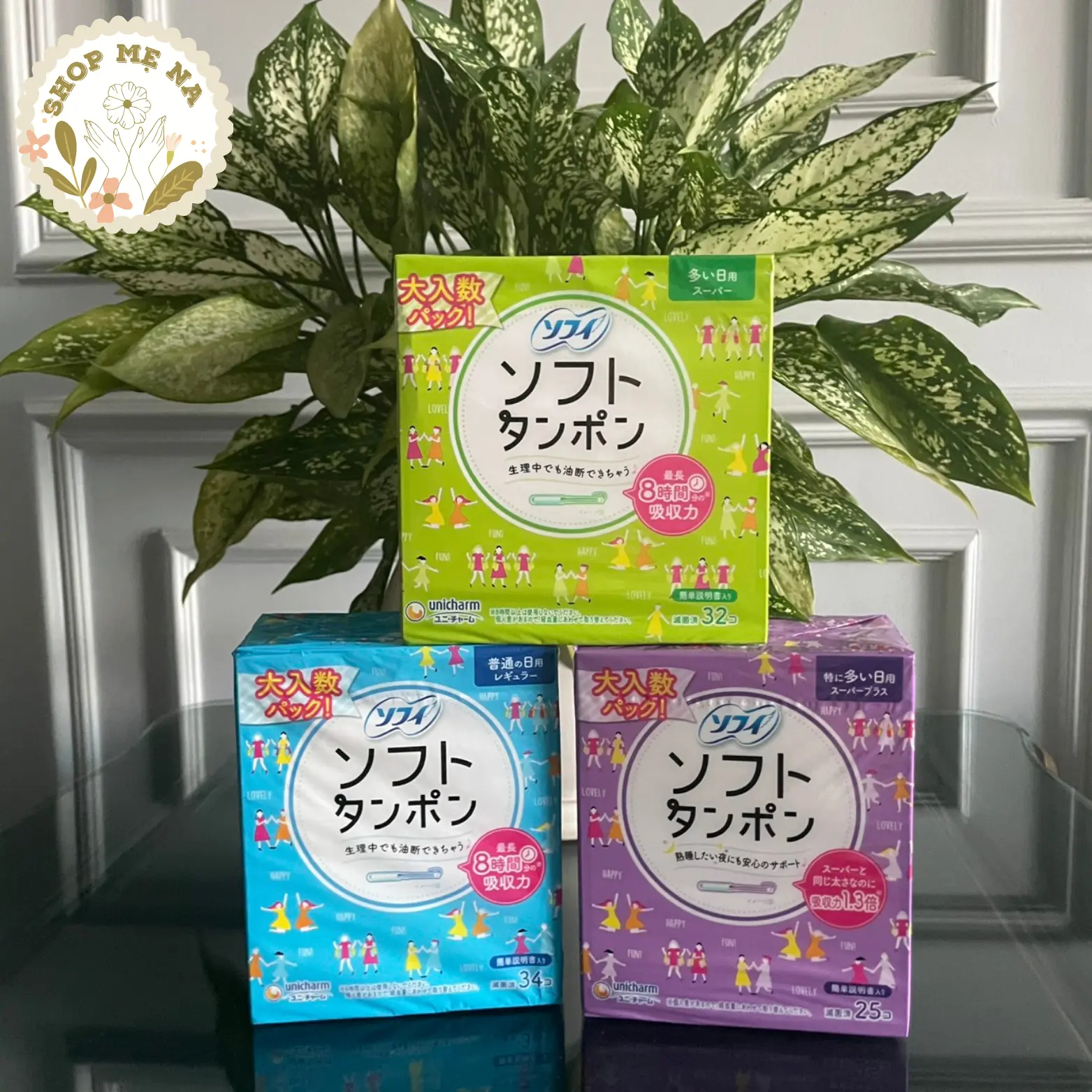 Tampon Nhật có cần đẩy, màu tím, hộp 25 chiếc dành cho ngày "dâu" rất nhiều hoặc ban đêm
