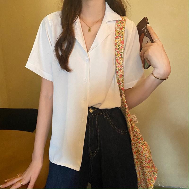 Product Introduction of Temperament Lapel Shirt Loose All-Match Short-Sleeved Shirt Summer Korean Short-Sleeved Plain Loose Shirt Top Women's Shirt Women's Shirt Basic Casual Fit 12