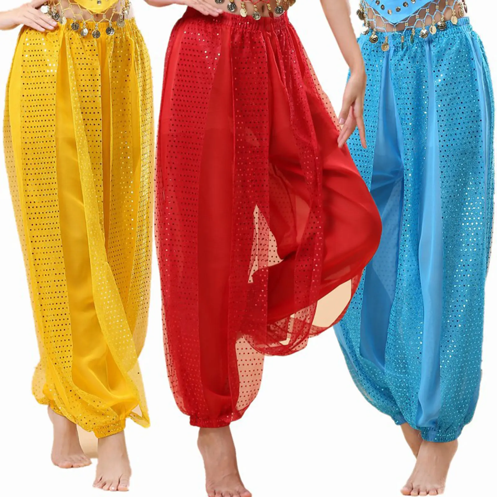 [mfttuget]Women Performance Pants Elastic High Waist Solid Color Bloomers Sequined Decor Folk Dance Adult Belly Dance Costume Pants