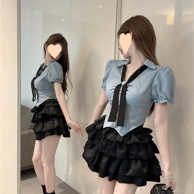 Product Introduction of Pure Desire Hot Girl Uniform Two-Piece Set Shirt Short Top Cake Puff Skirt High Waist Slimming Short Skirt Set 1