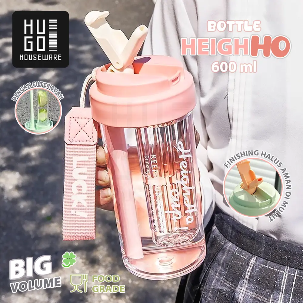 HUGO Botol Minum 600ml Aesthetic Water Bottle Termos Botol Bening Transparan Estetik Botol Air Plastik