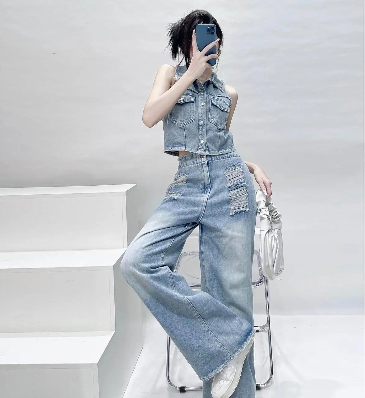 Sét Jean Thu Đông Hugo Basic Store Nữ Women Kem Top Kem Tua Rua Áo