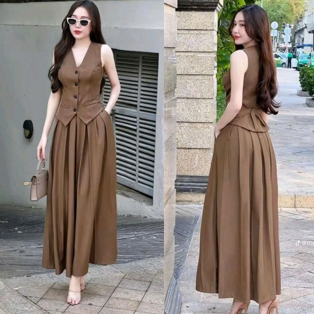 Sét váy kiểu áo vest mango cột dây sau váy khoá kéo có túi