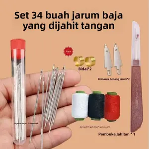 Set alat jahit dengan jarum baja berkualitas tinggi berlubang besar, pemotong benang, dan 203 benang denim lima warna dengan ketebalan sedang.