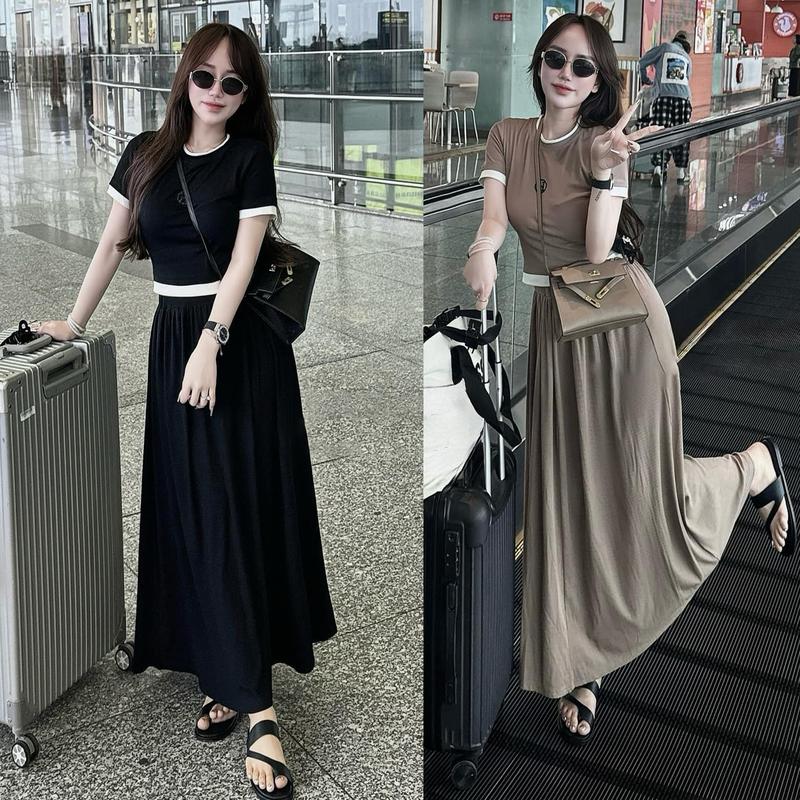 Set váy chữ H cổ tròn phối viền chân váy suông thụng dài áo tăm ngắn tay den nâu thoáng mát mùa hè  Mai Chi Store MC24777 Women Nữ Kem Top