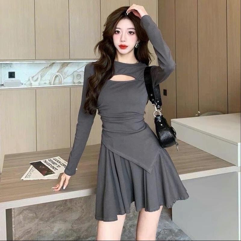 Set thun hở cổ chân váy lót bigsize 50-100kg chất thun tăm tay dài váy xếp dáng A Nữ Women Áo