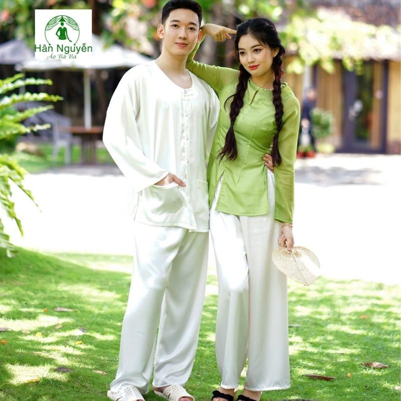 Hân Nguyễn Áo Bà Ba - B.A56 - Bộ Áo Bà Ba Nam Lụa Ngọc Trai Kèm Khăn Rằn Cổ Tròn, Tay Dài + Quần Kem Menswear Polo Shirt set quanaodep