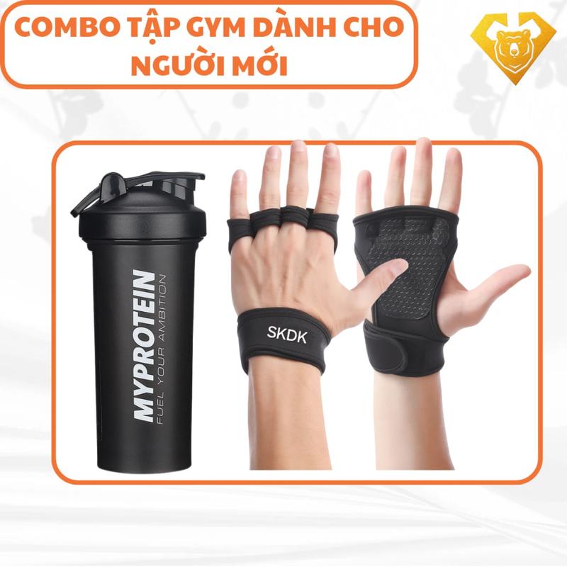 Combo 1 cặp găng tay + 1 bình nước dung tích 600ml ( bình đen ) - Combo thể thao tập gym siêu hời