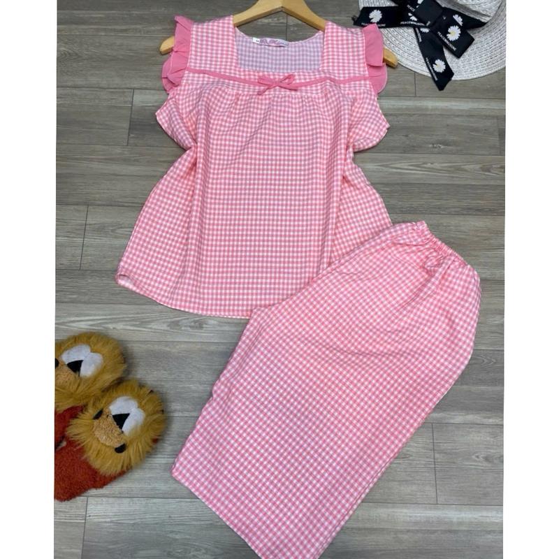 T92 (40-80kg) SET ĐỒ BỘ QUẦN LỬNG KHÔNG TÚI NỮ LỤA PHỐI VIỀN SỌC CARO Women Áo Nhung Quần Ngủ Thun Top