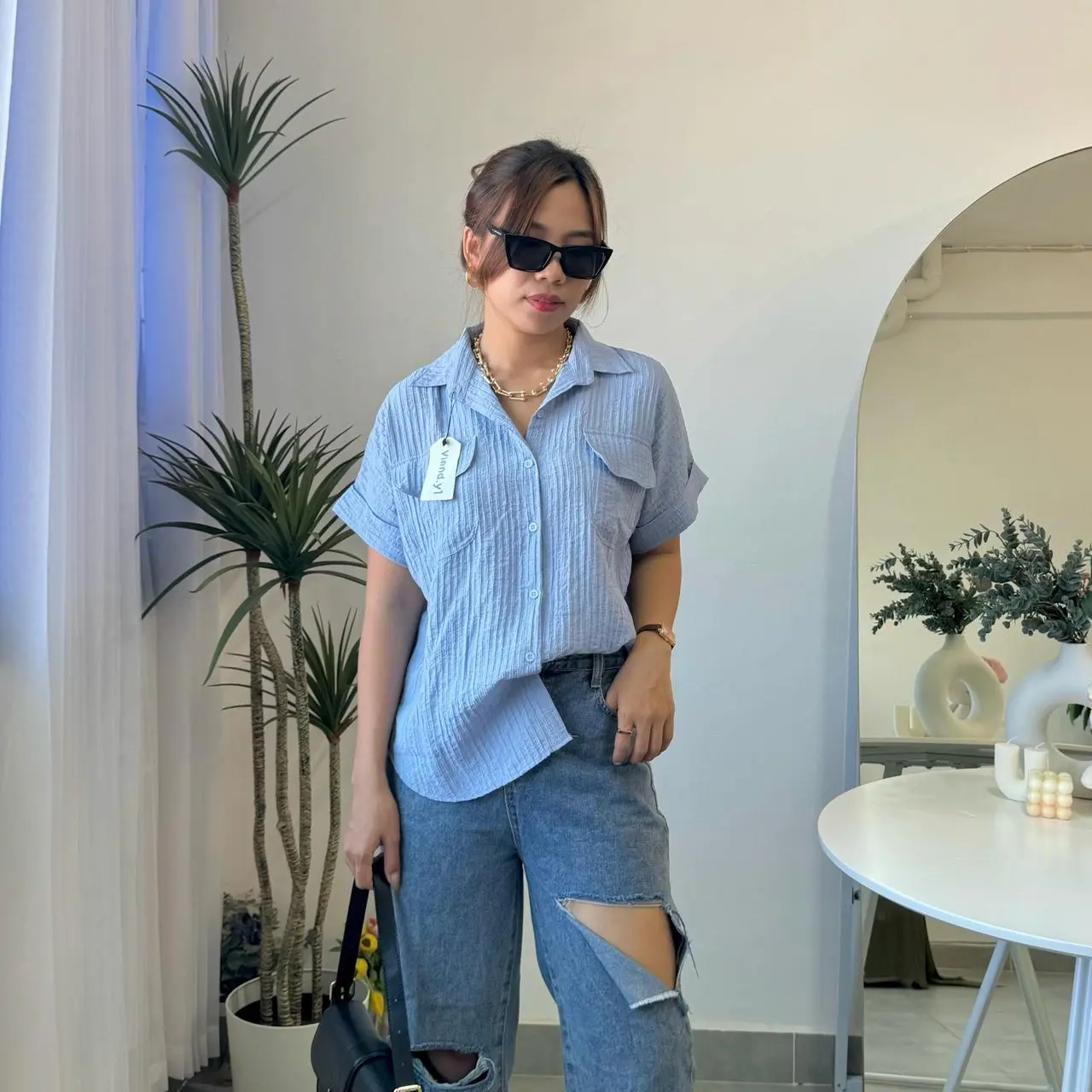 Shirt Top Atasan Wanita Korea / Blouse Lengan Pendek Baju Pocket E.105