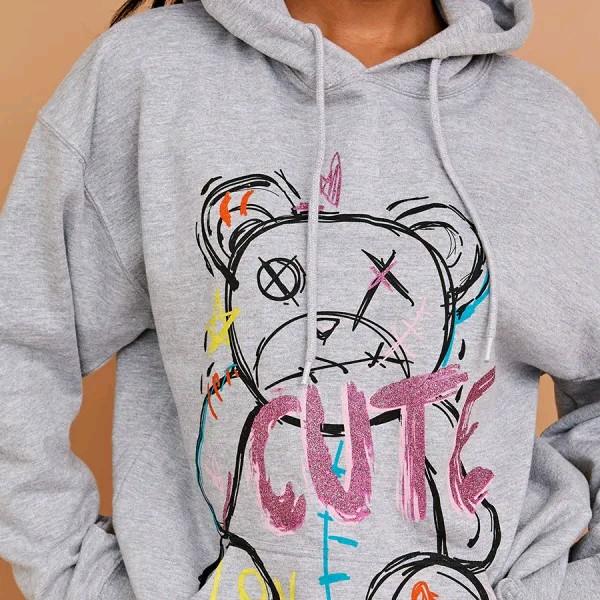 Grey Cute Teddy Graphic Print Hoodie 2