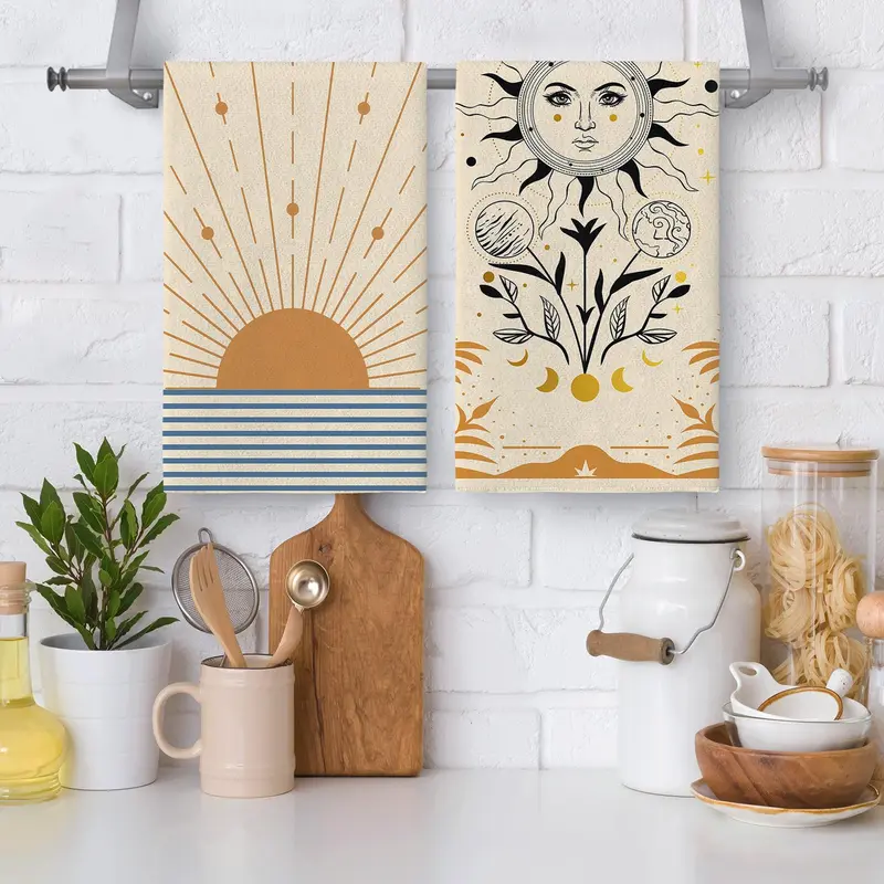 Sun & Flower Pattern Dish Towel, 2pcs Household Bundle Cleaning Products Kitchen Accessories Multi-function Soft Absorbent Hand Towel, Reusable Durable Kitchen Towel, Home Care Supplies Kitchen Gadgets 3