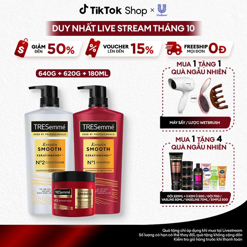 Combo Dầu Gội, Dầu Xả, Kem Ủ TRESEMME Keratin Smooth Women Cho tóc khô xơ rối Công thức Hydrolyzed Keratin Dưỡng Tóc Vào Nếp Suôn Mượt 640g, 620g, 180ml [1]