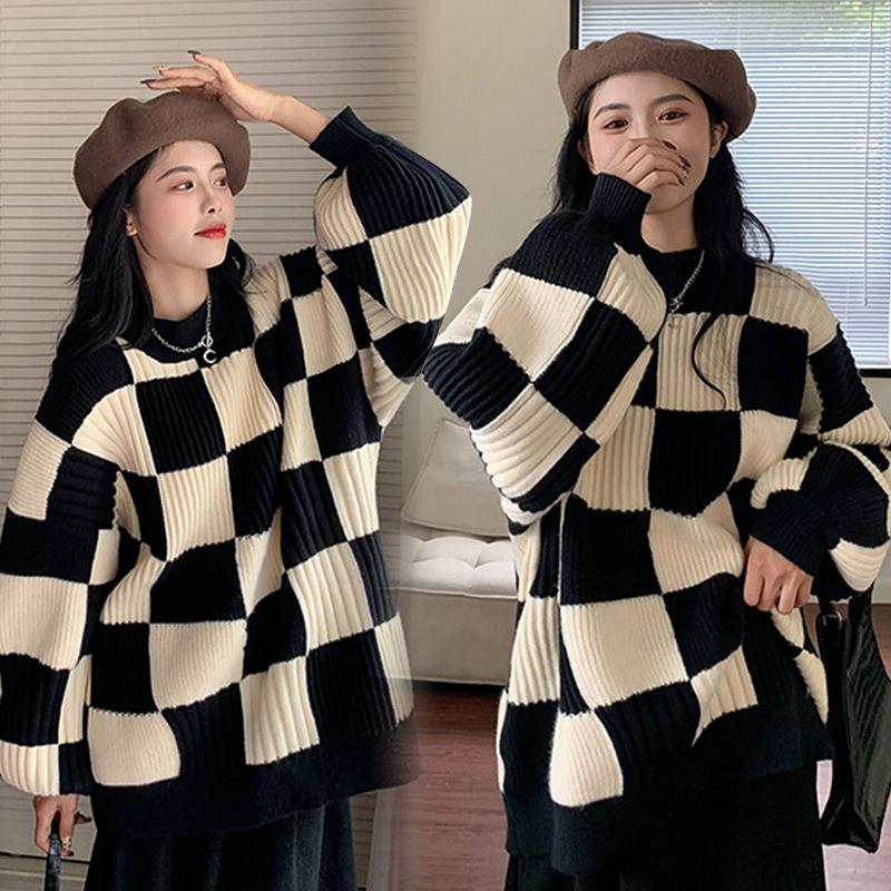GIÁ TRẢI NGHIỆM Áo len nữ kẻ ô dài tay form rộng chất dệt kim dày ấm thiết kế cổ tròn DELIZ - AL41
