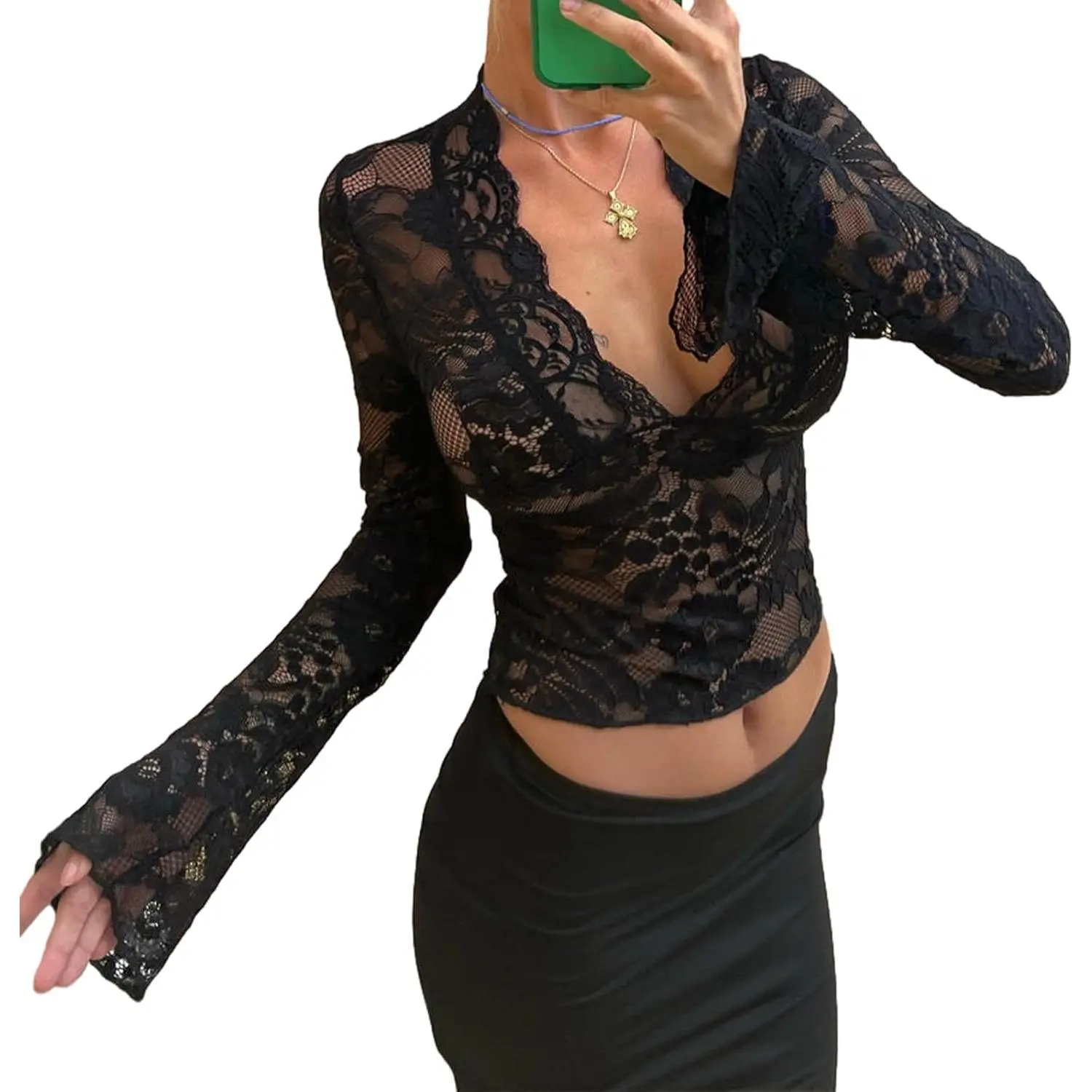 Women's Sexy Mesh Top Ladies Elegant See Through Lace Top Long Sleeve Shirt/Tank Top Y2k Fashion Aesthetic Clothes Clubwear Party Going Out Summer Outfit
