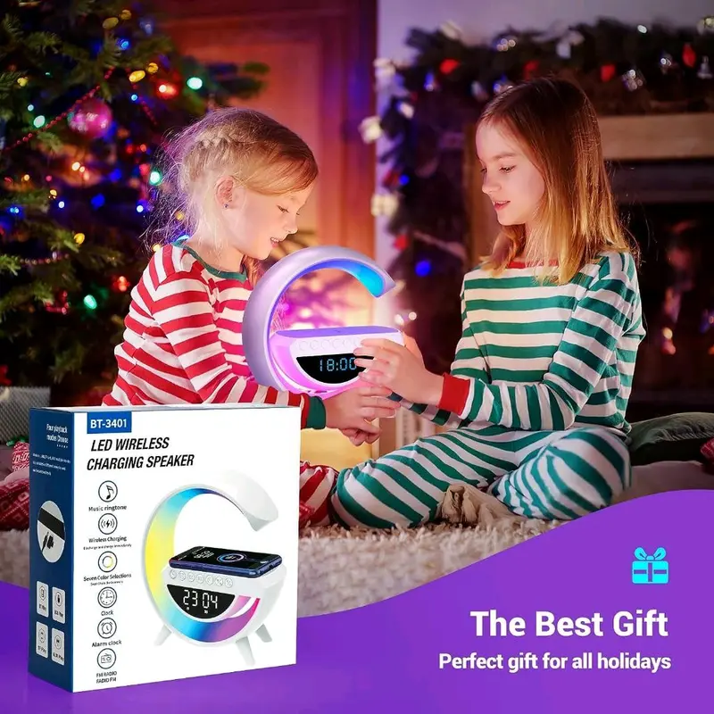 Speaker Bluetooth Lampu Multifungsi Ambient Seven Colour Light Pengisi Daya Nirkabel 15W + Jam Meja Alarm Digital 1