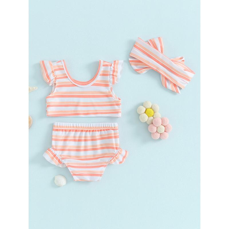 Toddler Girls Three Piece Swimsuits Fly Sleeve Bikini Set Beachwear Summer Bathing Suits,Cute,Soft,Comfortable,Fitted,High-quality,Fashion,Elastic,Daily Wear,6-24 Months,2-3 Years 4