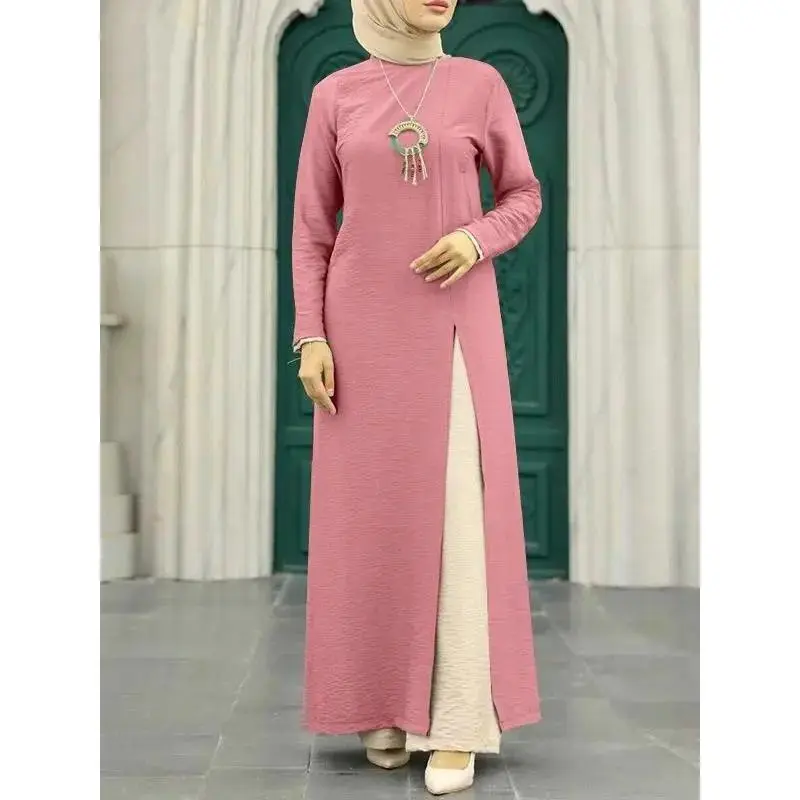Muslim Women's Wear Ice Silk Ruffle Long Sleeve High Slit Hem Dress Fashionable Solid Color Elegant Intellectual Ladies Robe
