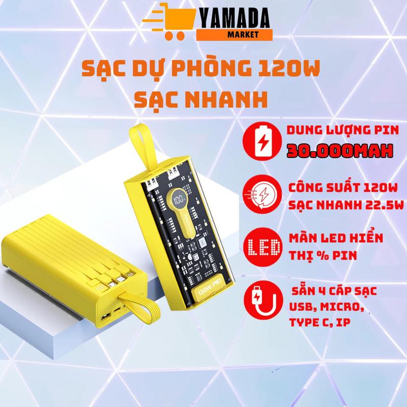 Sạc dự phòng HB32 30.000 MAH sạc nhanh PD 120W, Màn hình LED, thiết kế trong suốt, kèm 4 đầu sạc thích hợp với mọi loại máy, tích hợp đèn ngủ (Bảo Hành 12 Tháng) Sạc Pin sac pind cục  sạc