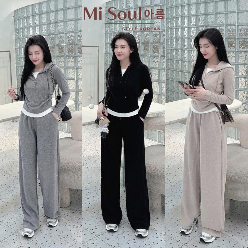 Set Bộ Dài Tay Nữ Len Lông Thỏ Có Mũ Cúc Cổ Phối Viền Trắng Nhún Eo Mix Quần Suông Dài BigSize MiSoul, Set Thu Đông 336 Áo