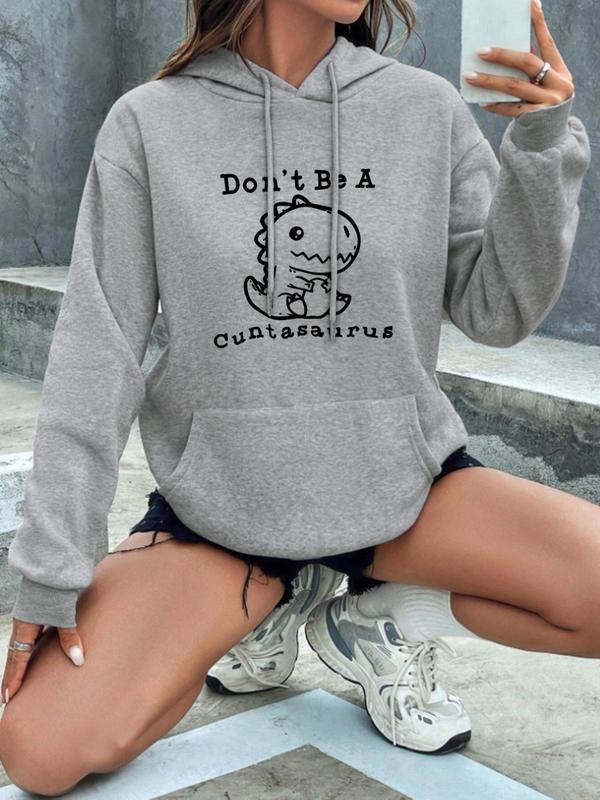 Women's Dinosaur & Letter Print Drop Shoulder Hoodie, Fashion Drawstring Kangaroo Pocket Hooded Sweatshirt, Ladies Clothes for Fall 0