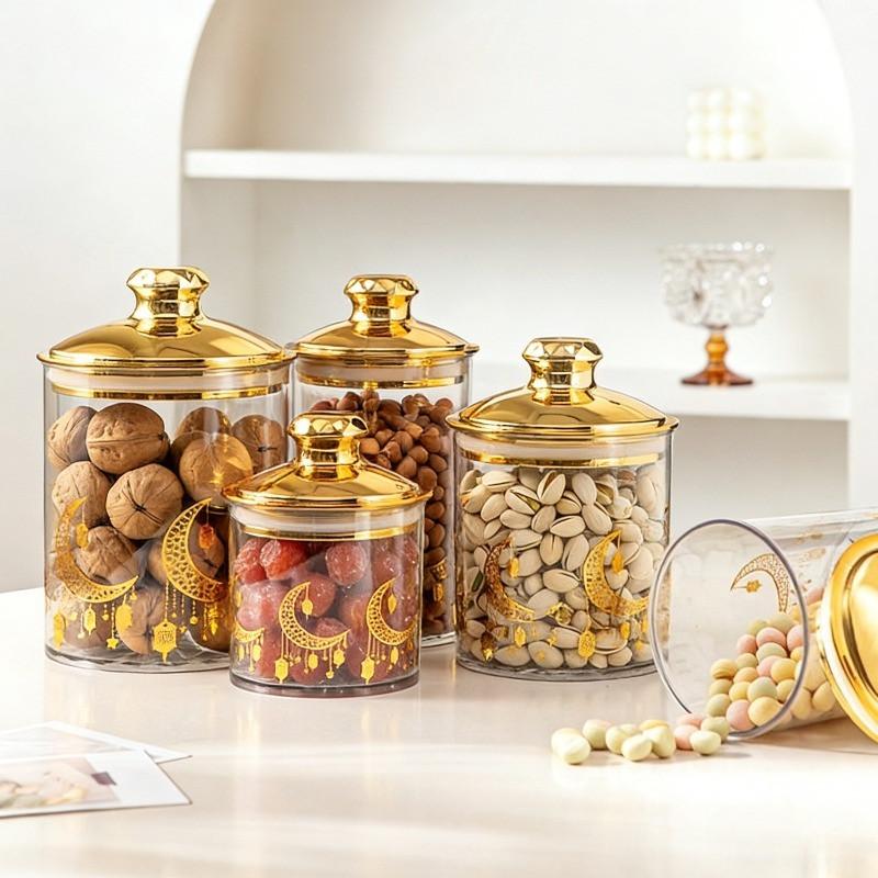 PERFECT 3Pcs/Set Toples Penyimpanan Toples Kue Lebaran Ramadan Look Mewah Aesthetic Snack Toples Penyimpanan Toples Emas Full Tutup Kedap Udara