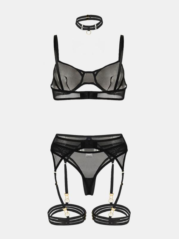 Women's Solid Sexy Lingerie Set, Naughty Lingerie, Push Up Bra & Panty & Garter Belt & Choker, Sexy Comfy Lingerie Set for All Seasons, Lady Underwear for Daily Wear, Naughty Lingerie 4