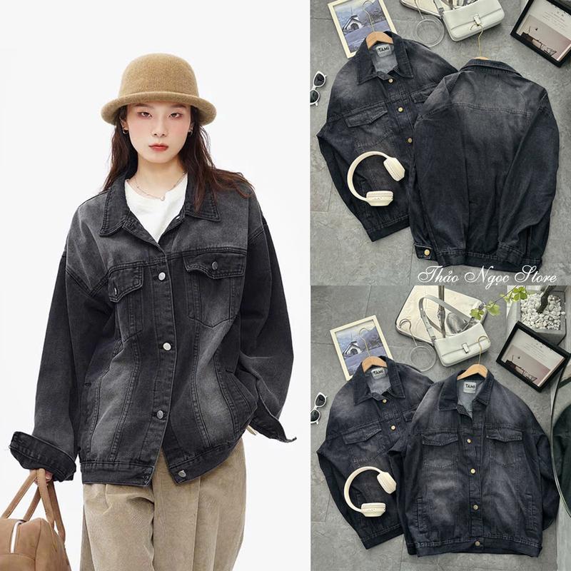 Áo khoác jean nữ trơn tay dài form rộng túi nhọn màu Xám Khói (dài 68cm)! THẢO NGỌC STORE Nữ Women Top Bò Jacket
