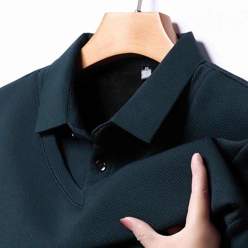 Men'S Long Arm Polo Shirt Korean-Style Fake Two-Piece Business Men'S Casual Fashion Long-Sleeved Solid Color Lapel Shirts Comfortable All-Match Top For All Seasons Menswear Lingerie 5