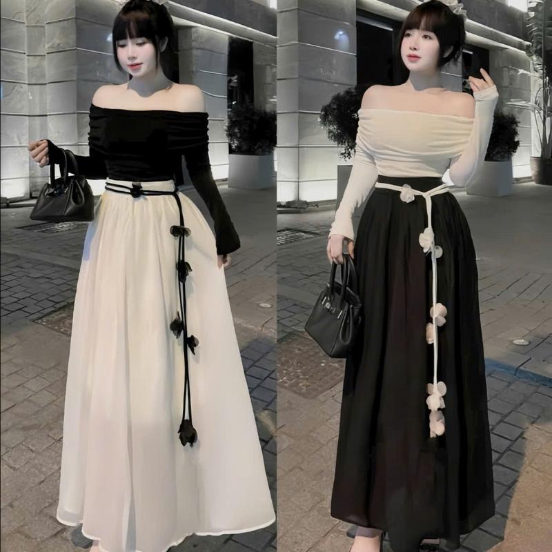 Set váy nữ tăm thiết kế áo tay dài trễ vai mix chân váy voan 2 lớp kèm dây cột eo dáng xòe dài sang chảnh dành cho các nàng diện di chơi,di tiệc. Women