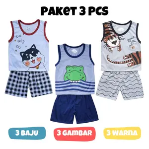PAKET 3 PCS (MOTIF RANDOM) Setelan Singlet Anak Laki Laki 0-2 Tahun / SNI / Kyle Babyshop