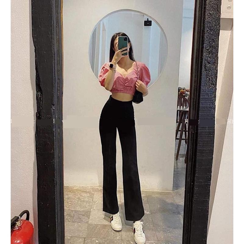  Mã 65 Quần Loe 2  cúc nữ lưng cao chất vải tuyết mưa màu đen nâu 