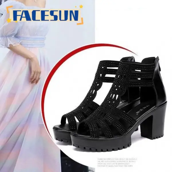 Giày Gót Khối Cho Nữ, Mặt Trời, Chống Trượt, Thiết Kế Miệng Cá, Giày Cao Gót, Gót Giữa, Hở Ngón, Đế Mềm, Tăng Chiều Cao, Hàng Mới Về