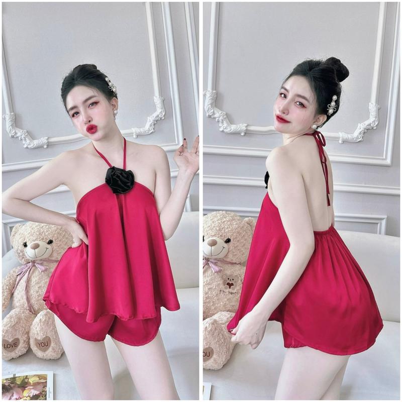  Đồ bộ ngủ áo yếm quần đùi dành cho nữ họa tiết trơn đính hoa chất liệu lụa latin mềm mịn Women 