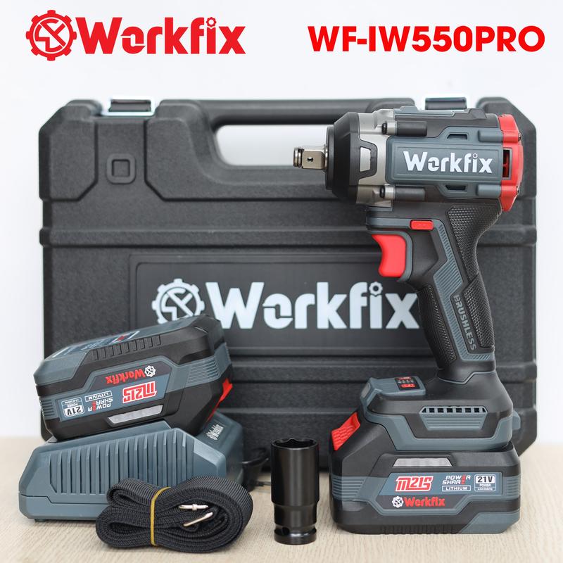 Máy Siết Bulong 550N.m Workfix - IW550PRO - Có 4 Cấp Chỉnh Tốc - Siết Mở Bulong, Khoan Và Bắn Vít - Motor Brushless - Chân Pin Phổ Thông 2 Pin 10 Cell Plus 21V/4Ah - Bảo Hành Chính Hãng 6 Tháng