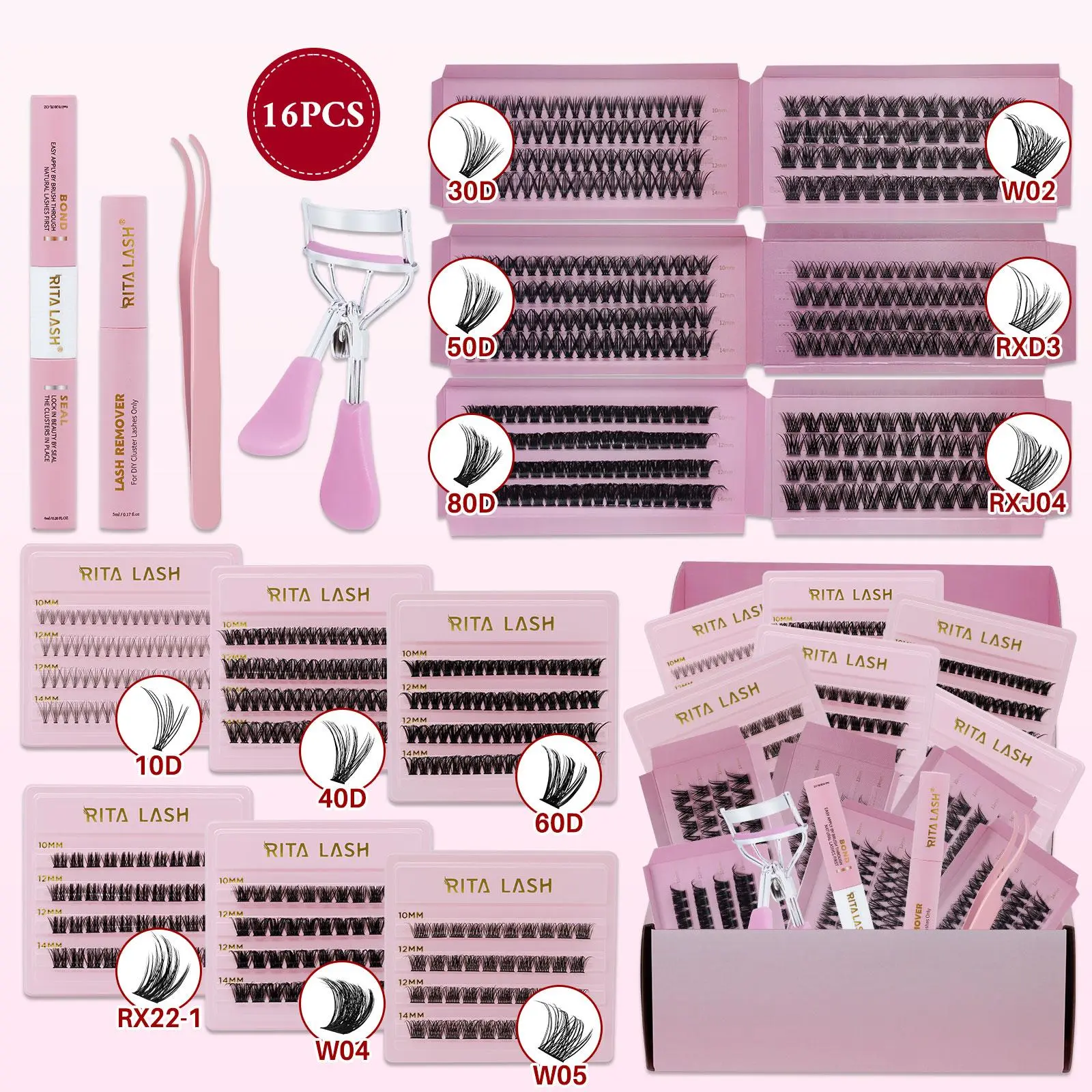 Curl Wispy Individual False Eyelash with Lash & Glue & Remover & Tweezers & Curler Kit, 1 Box Natural Self Grafting DIY Segmented Eyelash, Makeup